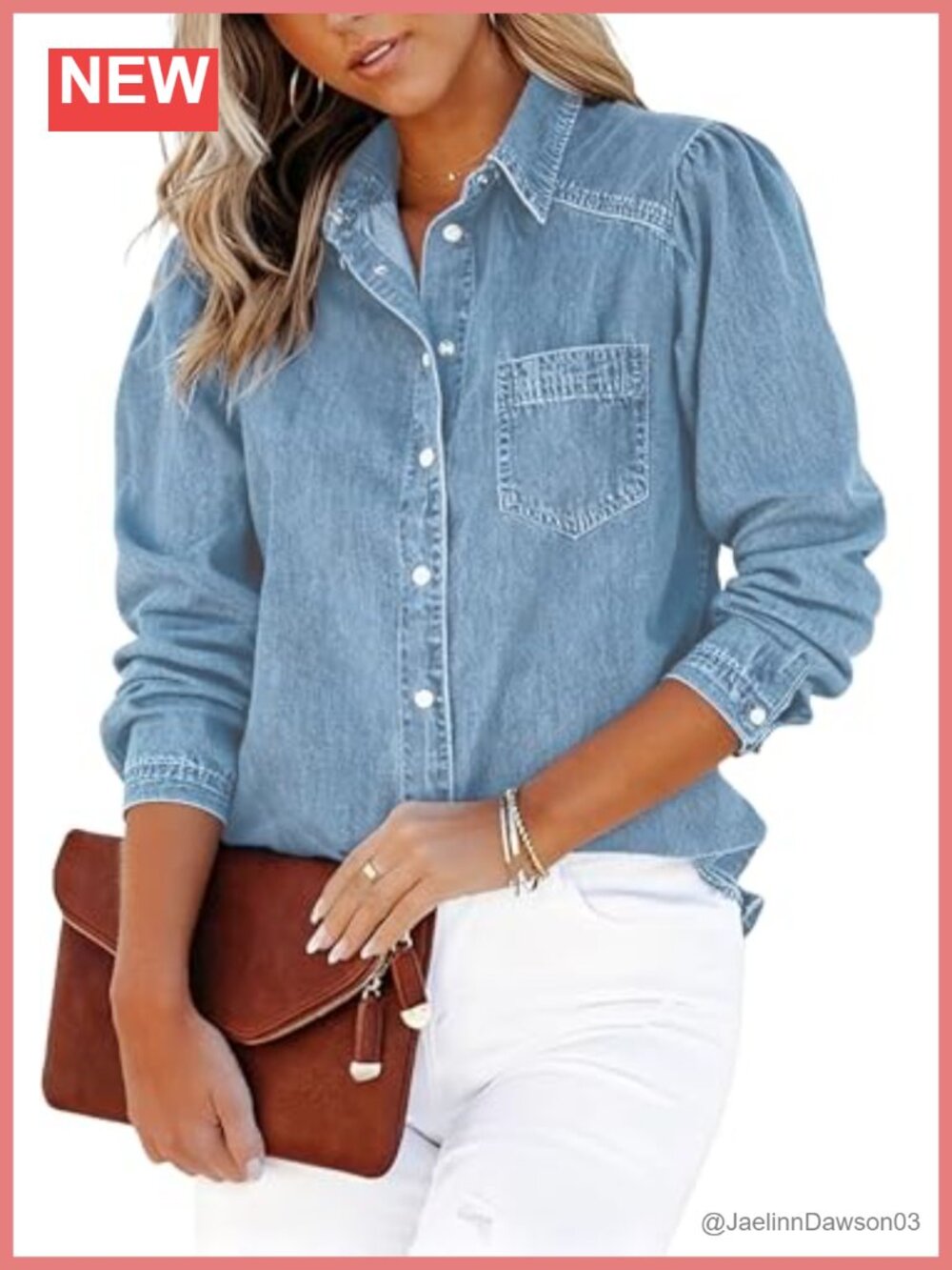 Puff Sleeve Snap Button Down Denim Shirt Long Sleeve Jean Blouse